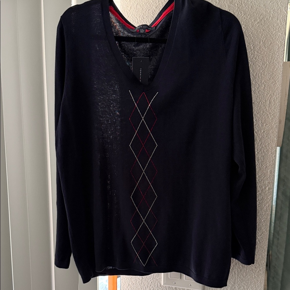 Tommy Hilfiger Navy V-Neck Sweater with Argyle Pattern